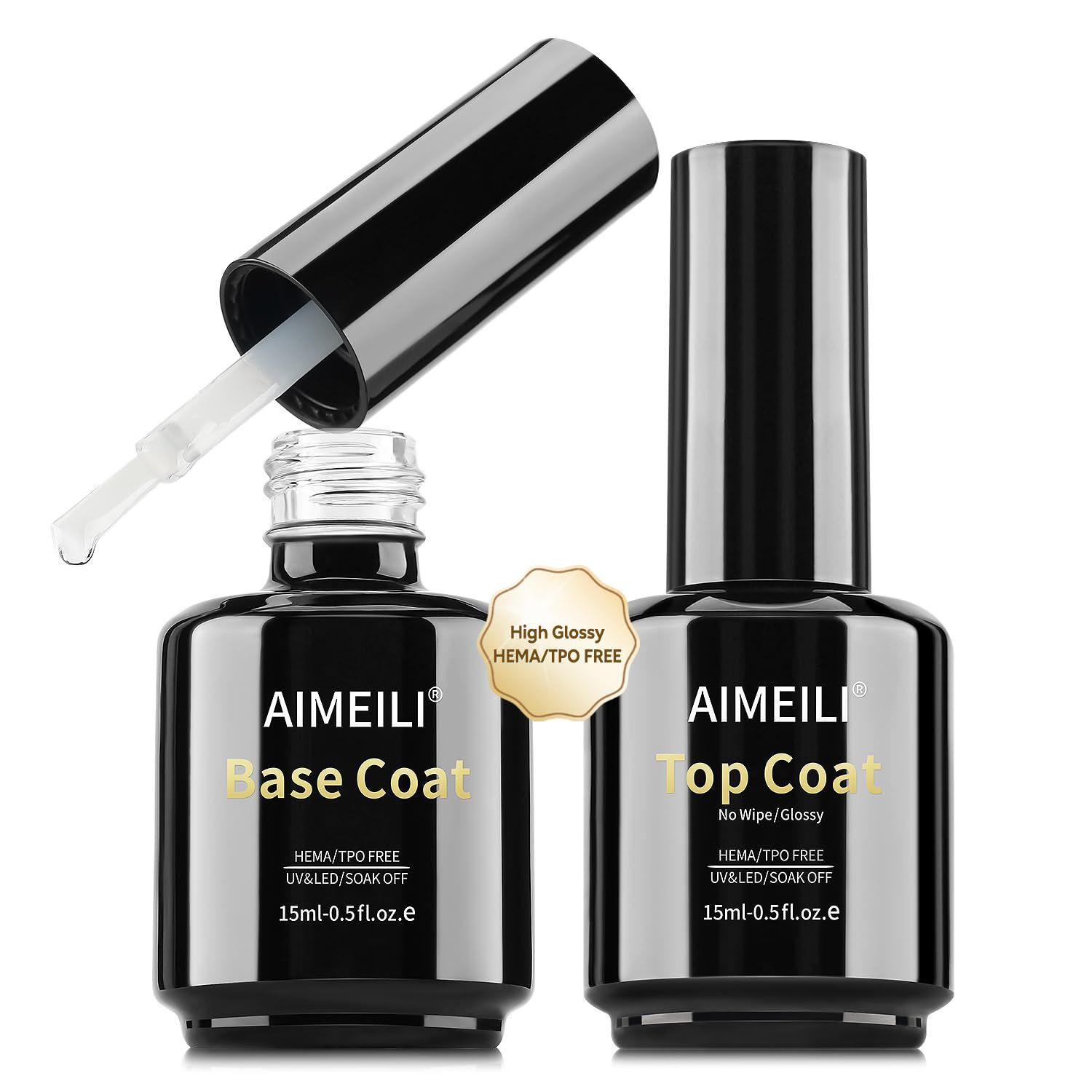 AIMEILI Gel Nail Polish Hema Free No Wipe Top and Base Coat Set 2 x 15ml, Cruelty Free, Vegan, Shine Finish and Long Lasting
