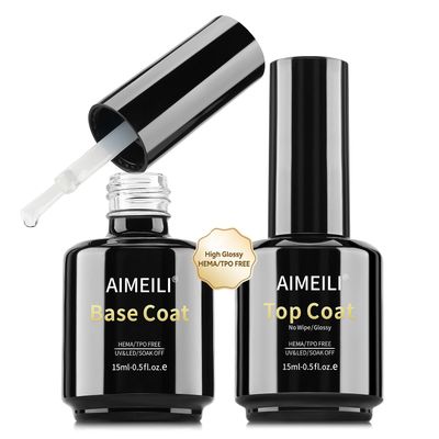 AIMEILI Gel Nail Polish Hema Free No Wipe Top and Base Coat Set 2 x 15ml, Cruelty Free, Vegan, Shine Finish and Long Lasting