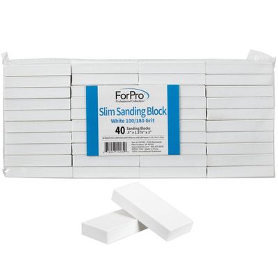 ForPro Slim Sanding Block, White 100/180 Grit, for Manicures and Pedicures, Non-Damaging or Scratching, .5 H x 3 L x 1 W, 40-Count
