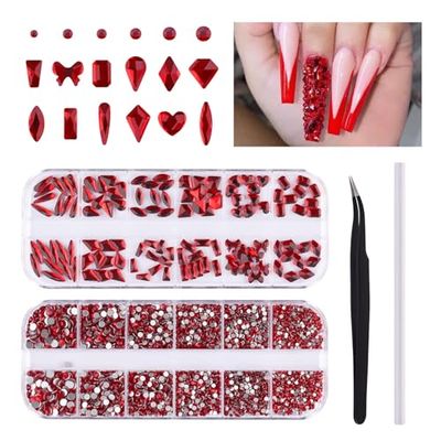 EBANKU 3120pcs Red Nail Gems Kit: Mixed Shape Crystal Diamonds with Tweezers and Wax Pen for Nails and Craft