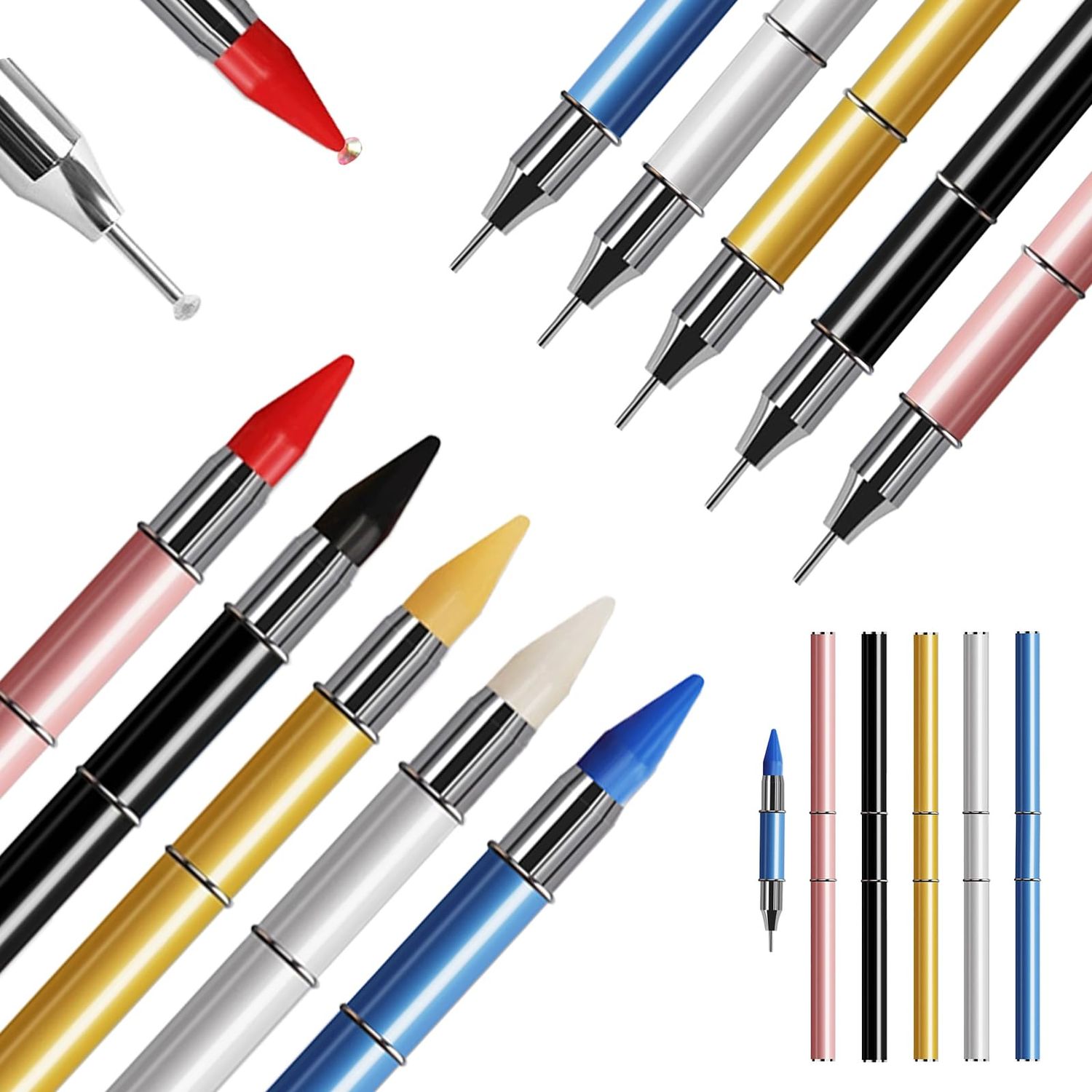 WOKOTO 5 PCS Double-Side Rhinestone Picker Tools With Caps, Wax Pencil For Rhinestones Applicator Dotting Tools Nail Art Gem Pen Rhinestone Pen Tool Wax Pen For Rhinestones Gem Picker Bedazzling Tool