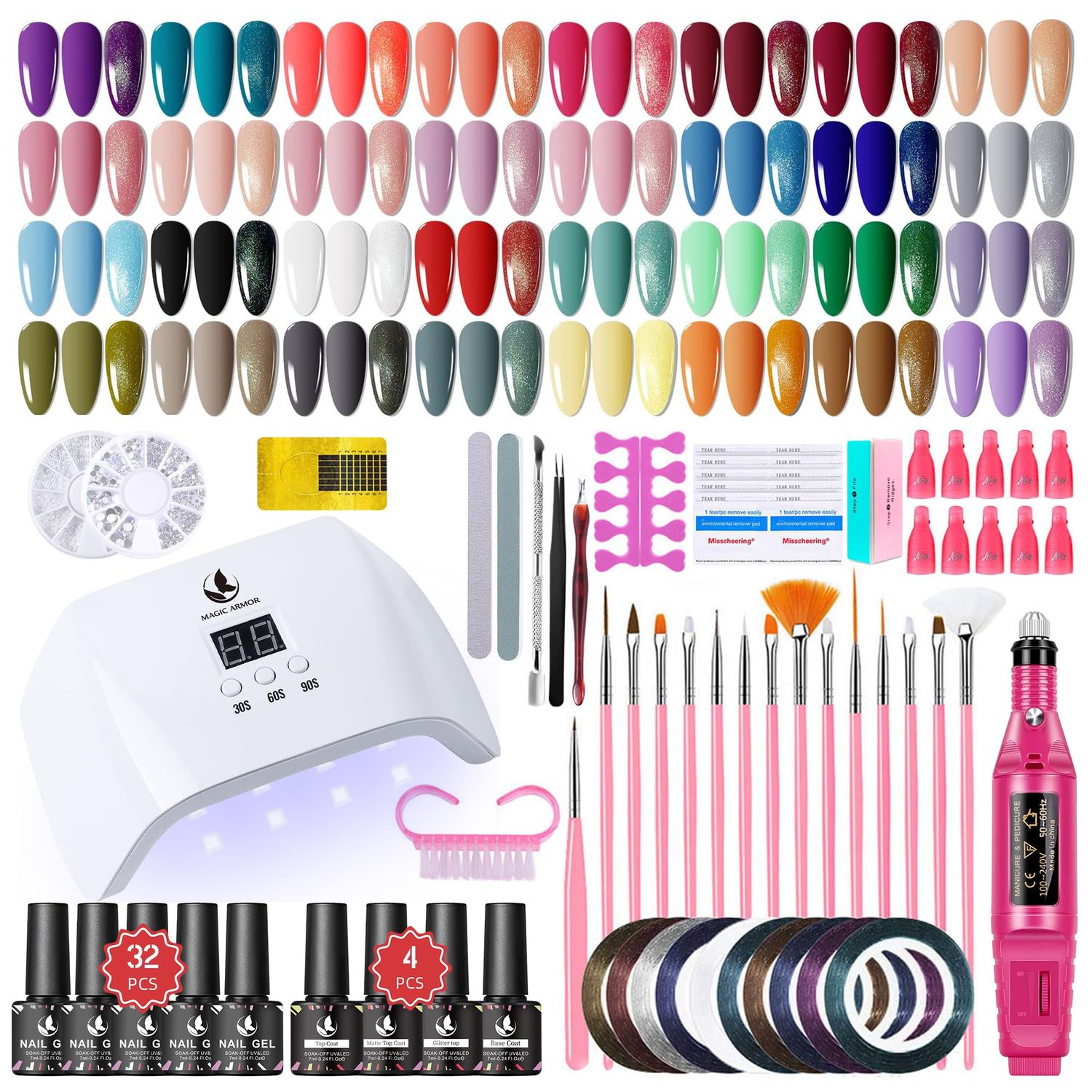 89Pcs Gel Nail Polish Kit with UV Light and Nail Drill Starter Kit- 32 Colors Nail Polish 4Pcs Top Base Coat and 15Pcs Nail Brush All in One Manicure Kit for Beginners DIY at Home Gifts for Women