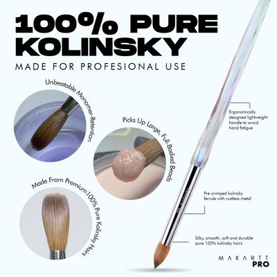 MakarttPro Kolinsky Crimped Acrylic Nail Brush for Acrylic Powder and EMA Monomer Application, Made for Professional Nail Technicians and Beginner Nail Students, Size 8