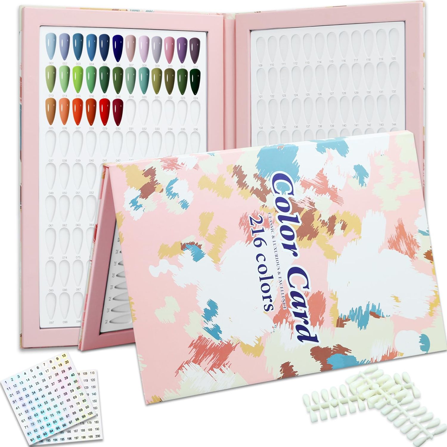 C12rtive 216 Nail Colors Book,Nail Color Display Book with 240 Nail Tips &amp; 1-300 Number Labels,Professional Nail Color Swatches Book for Nail Polish Nails Art Design(Pink)