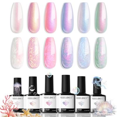 modelones Pearl Gel Nail Polish Set, 6 Colors Aurora Iridescent Shimmer White Pink Purple Mermaid Nail Drawing Glitter Gel Polish Soak Off Led Swirl Shell Thread Effect W Dotting Pen Summer DIY Gift