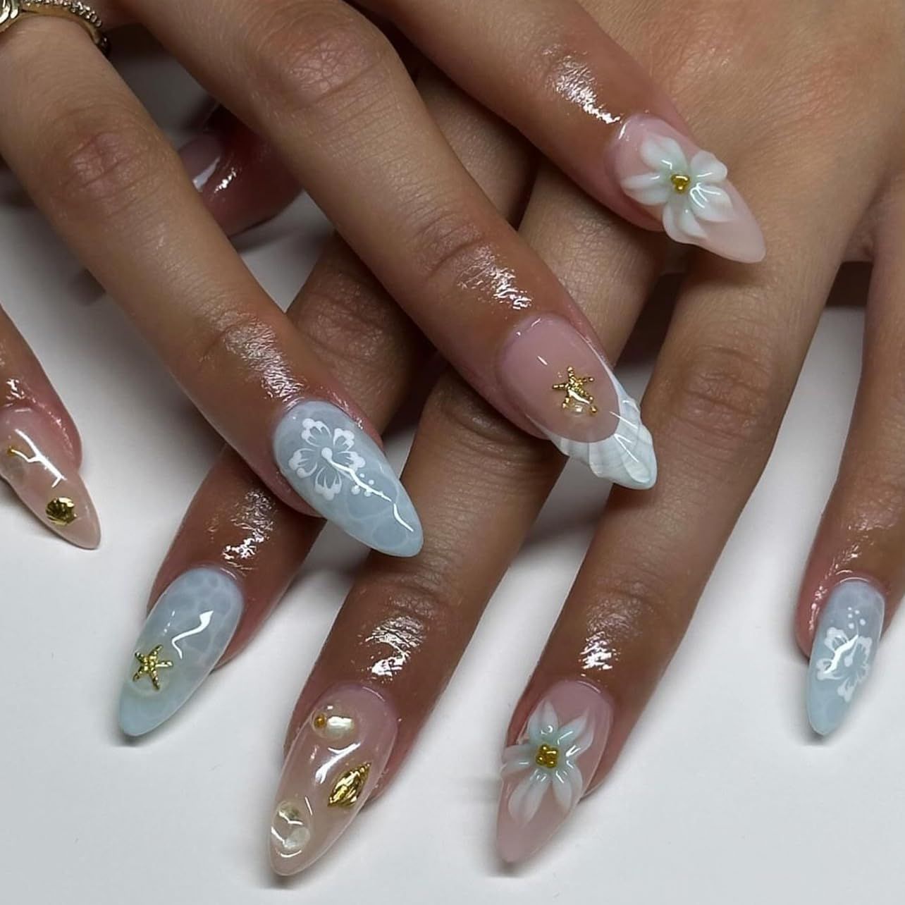 XZMeiLun Handmade Summer Blue 3D Star Flower Press On Nails Almond Medium 24 Pcs, Ocean Shell French Designer Reusable Acrylic Fake Nails with Glue On Nails, Beach Daily wear Foccna Nails for Women