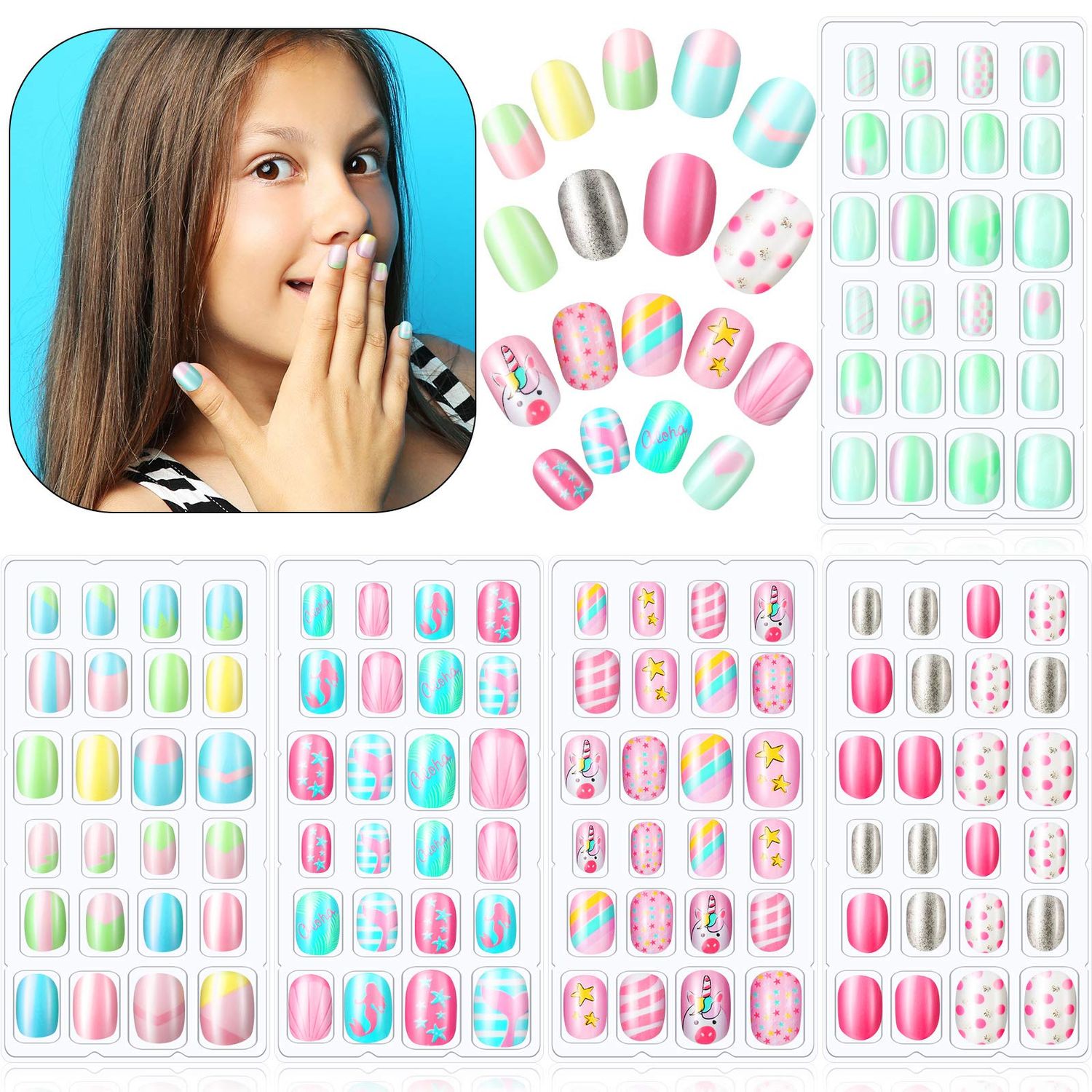 120 Pieces Kids Press on Nails Children Fake Artificial Nails Girls Full Cover Short False Fingernails for Girls Kids Design Decoration(Lovely Pattern)