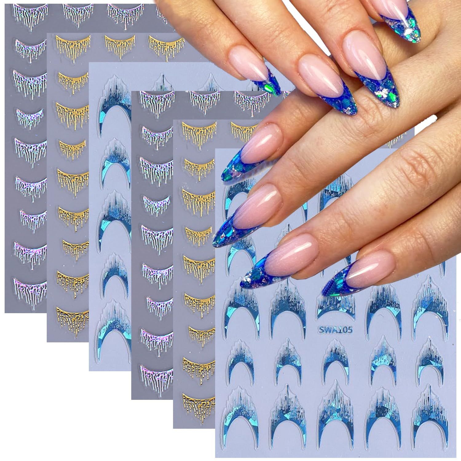 6 Sheets French Nail Stickers for Nails Art 3D Self-Adhesive Glitter French Tips Nail Art Designs Decals Nail Tip Fashion Salon Manicure Accessories Decoration Supplies for Women and Girls