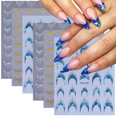 6 Sheets French Nail Stickers for Nails Art 3D Self-Adhesive Glitter French Tips Nail Art Designs Decals Nail Tip Fashion Salon Manicure Accessories Decoration Supplies for Women and Girls