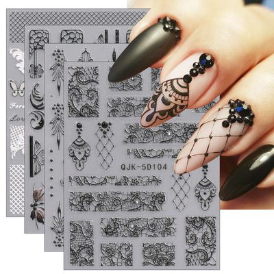 JMEOWIO 3D Embossed Black White Flower Nail Art Stickers Decals Self-Adhesive Pegatinas Uas 5D Leaves Lace Nail Supplies Nail Art Design Decoration Accessories 4 Sheets