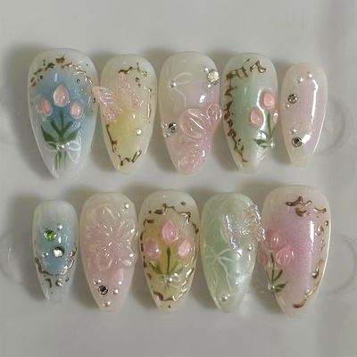ROFIBUT Colorful Flower Press on Nails Medium Almond Fake Nails with 3D Butterfly Rhinestones Designs rainbow Gradient Acrylic Nails Glossy Bow False Nails Reusable Stick on Nails for Women 24Pcs