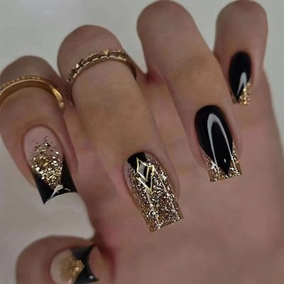 SINHOT Medium Coffin Press on Nails Ballerina Fake Nails Glossy Glue on Nails Black Acrylic Nails Gold Glitter False Nails with Designs 24 pcs