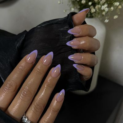 30Pcs Purple French Tip Press on Nails Short Almond Nails Press ons, Short Fake Nails Almond Shaped Acrylic French Glue on Nails False Nail for Women, Natural Stiletto Nail 15 Sizes