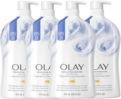 Olay Body Wash for Women, Ultra Moisture, Exfoliating Formula, 24hr Moisturizing, Hydrating &amp; Replenshing, B3 Vitamin Complex, For All Skin Types, Sea Minerals Scent, 33 fl oz (Pack of 4)