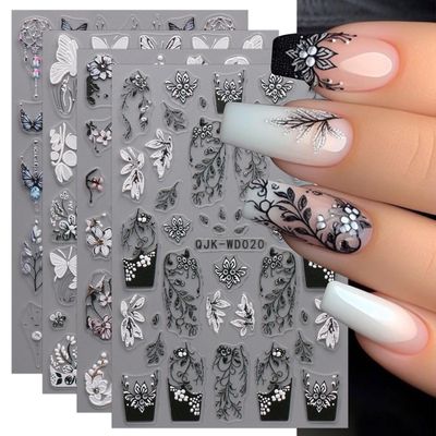 JMEOWIO 6 Sheets Black White Flower Nail Art Stickers Decals Self-Adhesive Spring Summer Floral Nail Supplies Nail Art Design Decoration Accessories