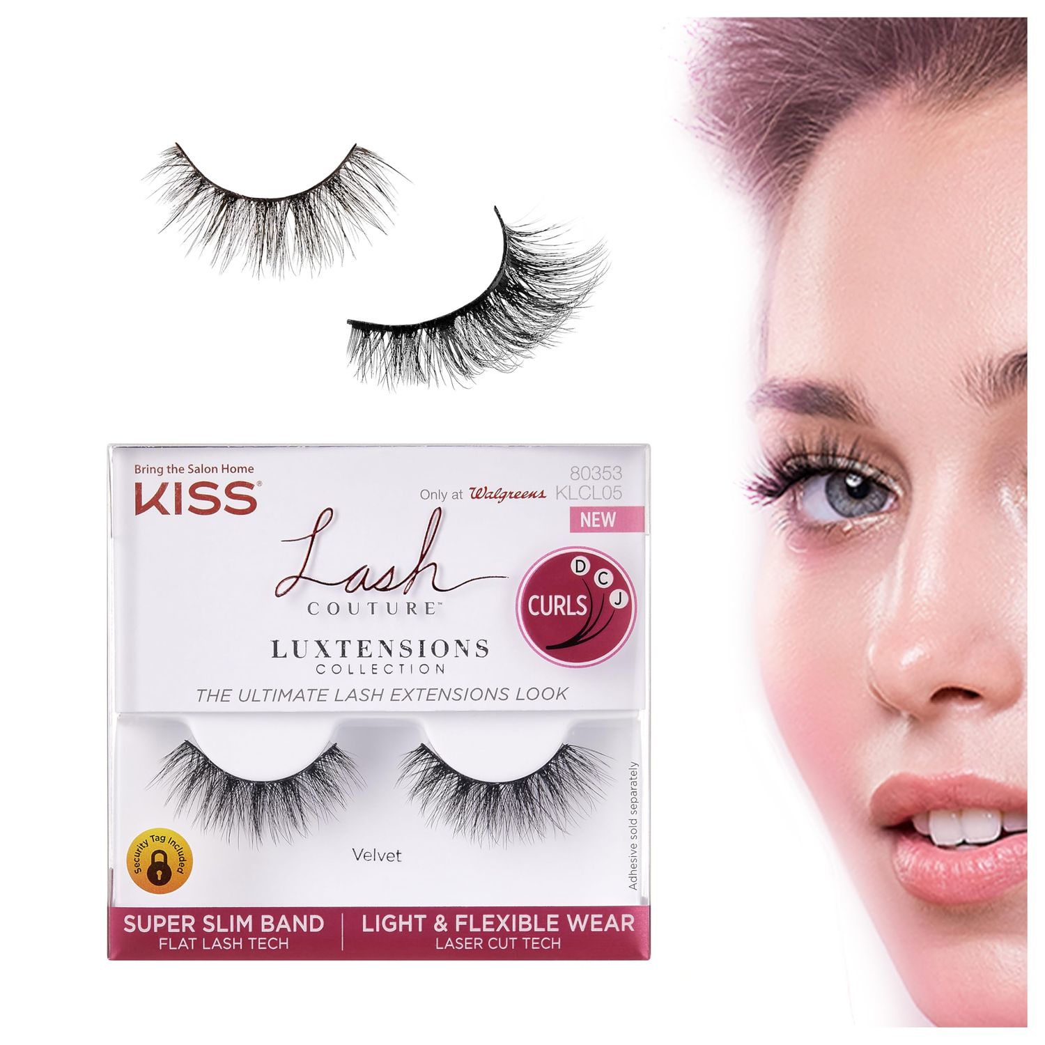 KISS Lash Couture LuXtensions Collection False Eyelashes, Flat Lash Technology, Super Slim Lash Band, Real Lash Extension Fibers, Reusable, Contact Lens Friendly Strip Lashes, Style Velvet, 1 Pair