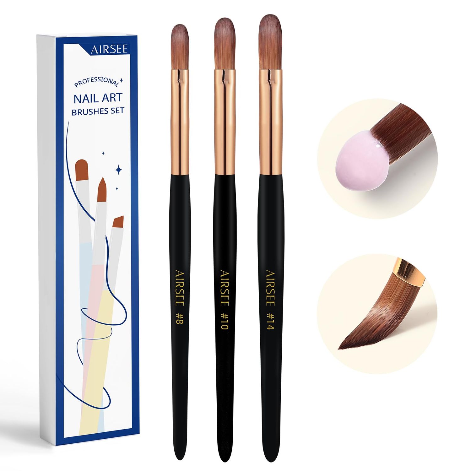 AIRSEE 3Pcs Acrylic Nail Brush Set, Size 8/10/14 Professional Nail Brushes for Acrylic Application Acrylic Powder Nail Extension, 3D Carving for DIY Salon Home, 3A Nylon Nail Brushes, Manicure Tool