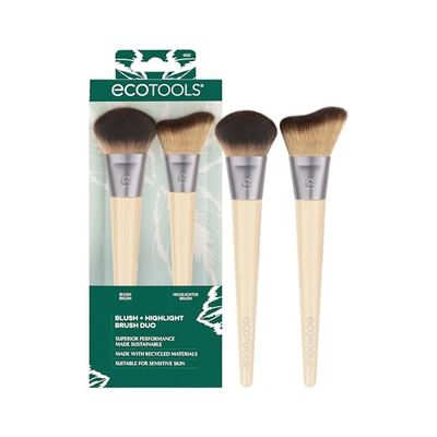 EcoTools Blush Highlight Brush Duo, Makeup Brushes For Liquid, Cream, &amp; Powder Highlight &amp; Blush, Enhance Natural Skin, Eco-Friendly Makeup Brush Set, Synthetic Bristles, 2 Piece Set