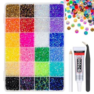 qiipii 24 Color 13800pcs 3mm Jelly Resin Rhinestones B7000 Glue for Bedazzling Crafting Flatback Stones Colorful AB Gems Diamonds for Nails Eyes Face Makeup Tumblers Bottles DIY Crafts Clothes Shoes