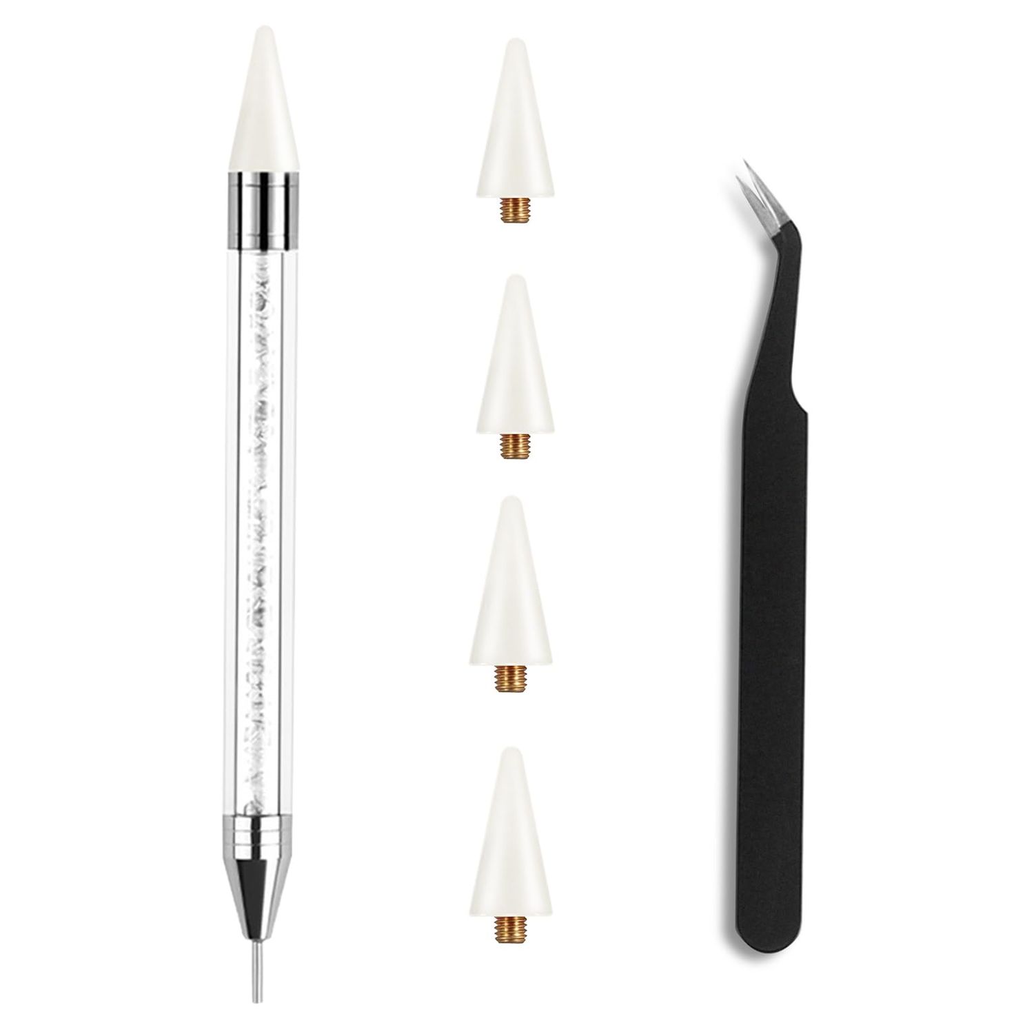 Kaychan1 Rhinestone Applicator Tool - Acrylic Handle Dual-Ended Wax Pen DIY Nail Art Tool with 4 Extra Wax Tips 1 Tweezer (White)
