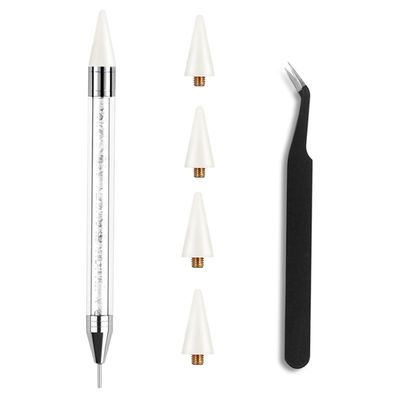 Kaychan1 Rhinestone Applicator Tool - Acrylic Handle Dual-Ended Wax Pen DIY Nail Art Tool with 4 Extra Wax Tips 1 Tweezer (White)