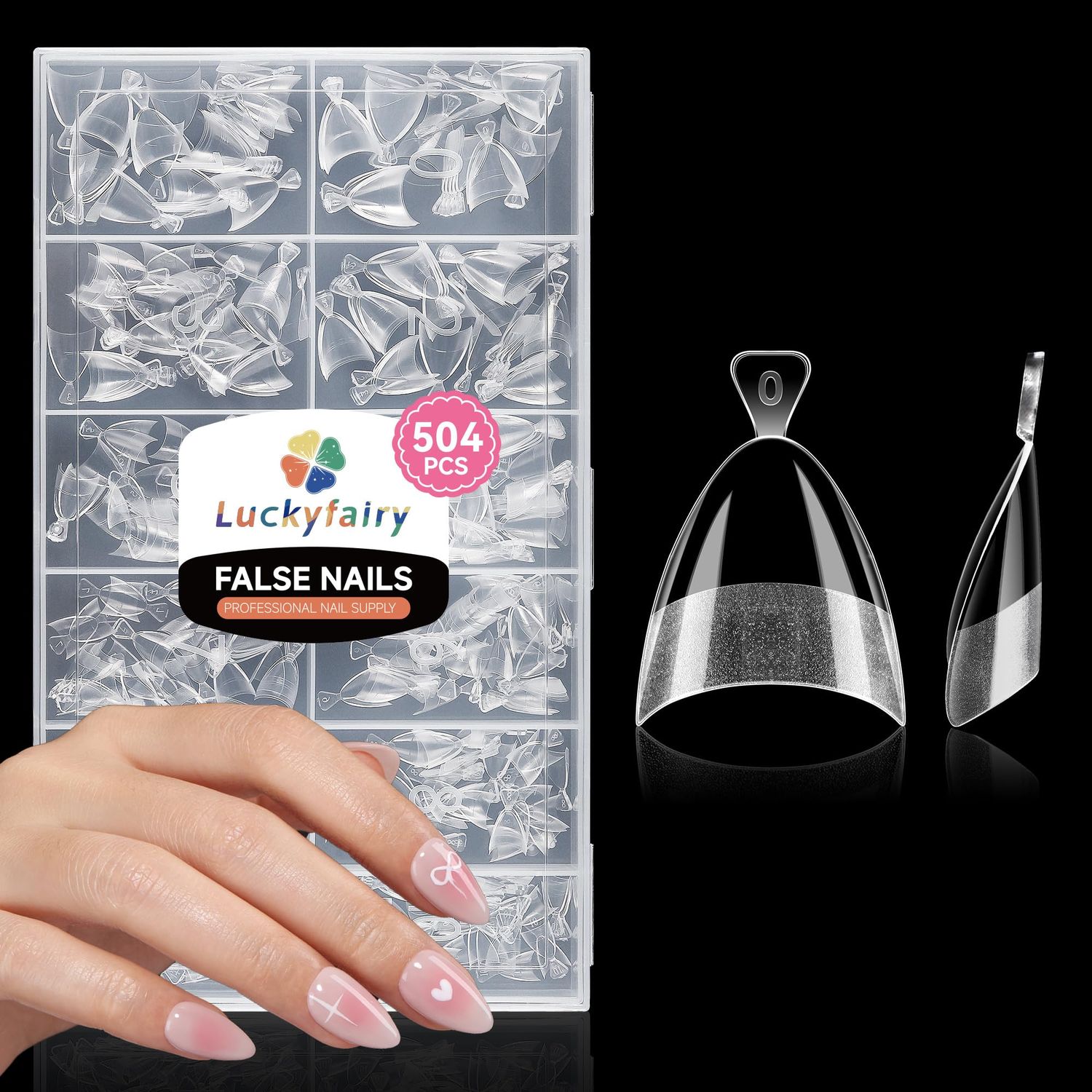 Luckyfairy 504PCS Short Almond Nail Tips,12 Sizes Pre-etched Half Cover Fake Nails Tips, Half-matte Clear Soft Natural Short Nails Acrylic Press On Gel Nail Extensions for Manicure Art DIY Salon