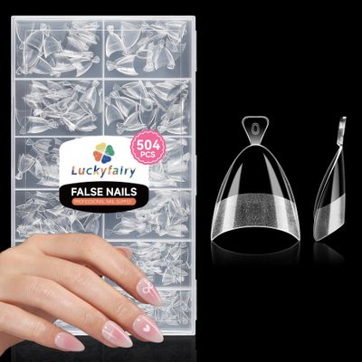Luckyfairy 504PCS Short Almond Nail Tips,12 Sizes Pre-etched Half Cover Fake Nails Tips, Half-matte Clear Soft Natural Short Nails Acrylic Press On Gel Nail Extensions for Manicure Art DIY Salon
