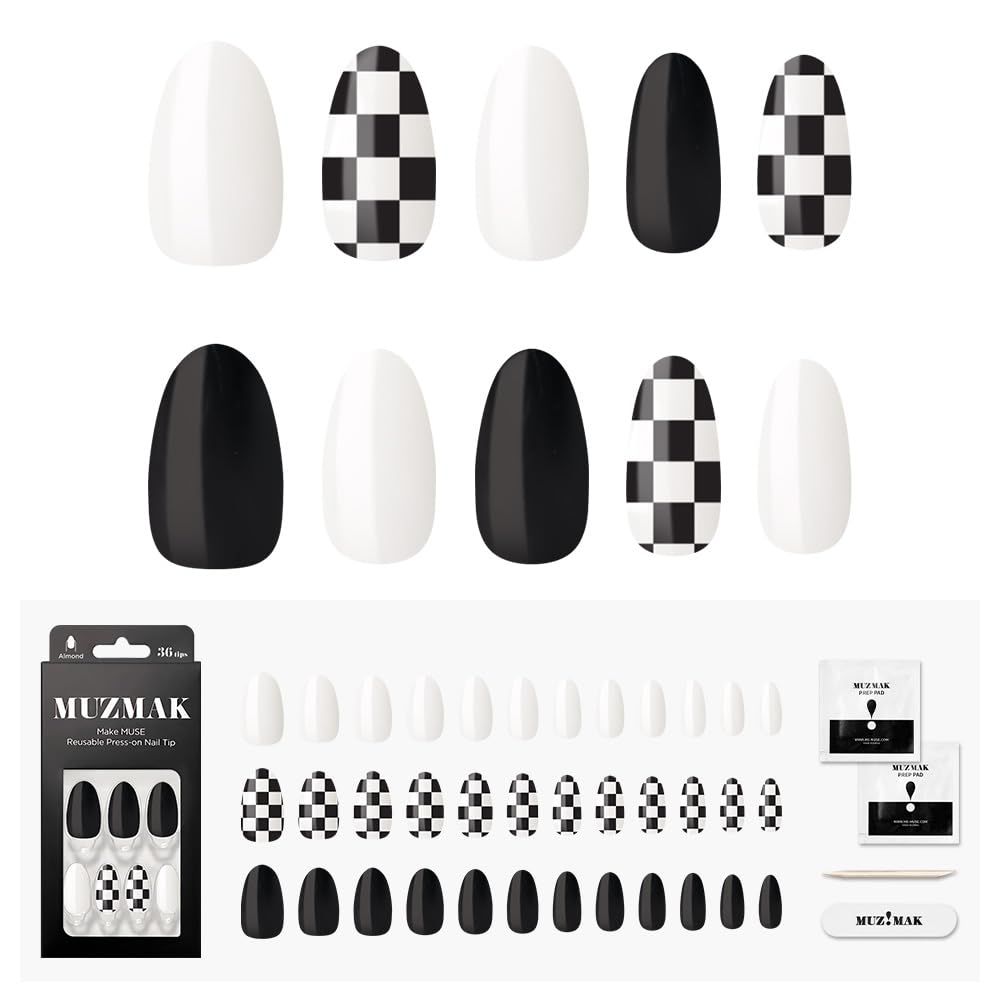 MUZMAK Christmas Reusable Press On Nails - Chess Black - Long Almond Press On Nails, Checkered White &amp; Black Fake Nails with Design (Pack of 36)