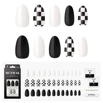 MUZMAK Christmas Reusable Press On Nails - Chess Black - Long Almond Press On Nails, Checkered White &amp; Black Fake Nails with Design (Pack of 36)