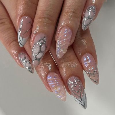 RIICFDD French Press Nails - Long Almond Pink False Nails, 3D Water Ripple Glue On, Full Cover Reusable Acrylic Nails for Women, 24 Pcs