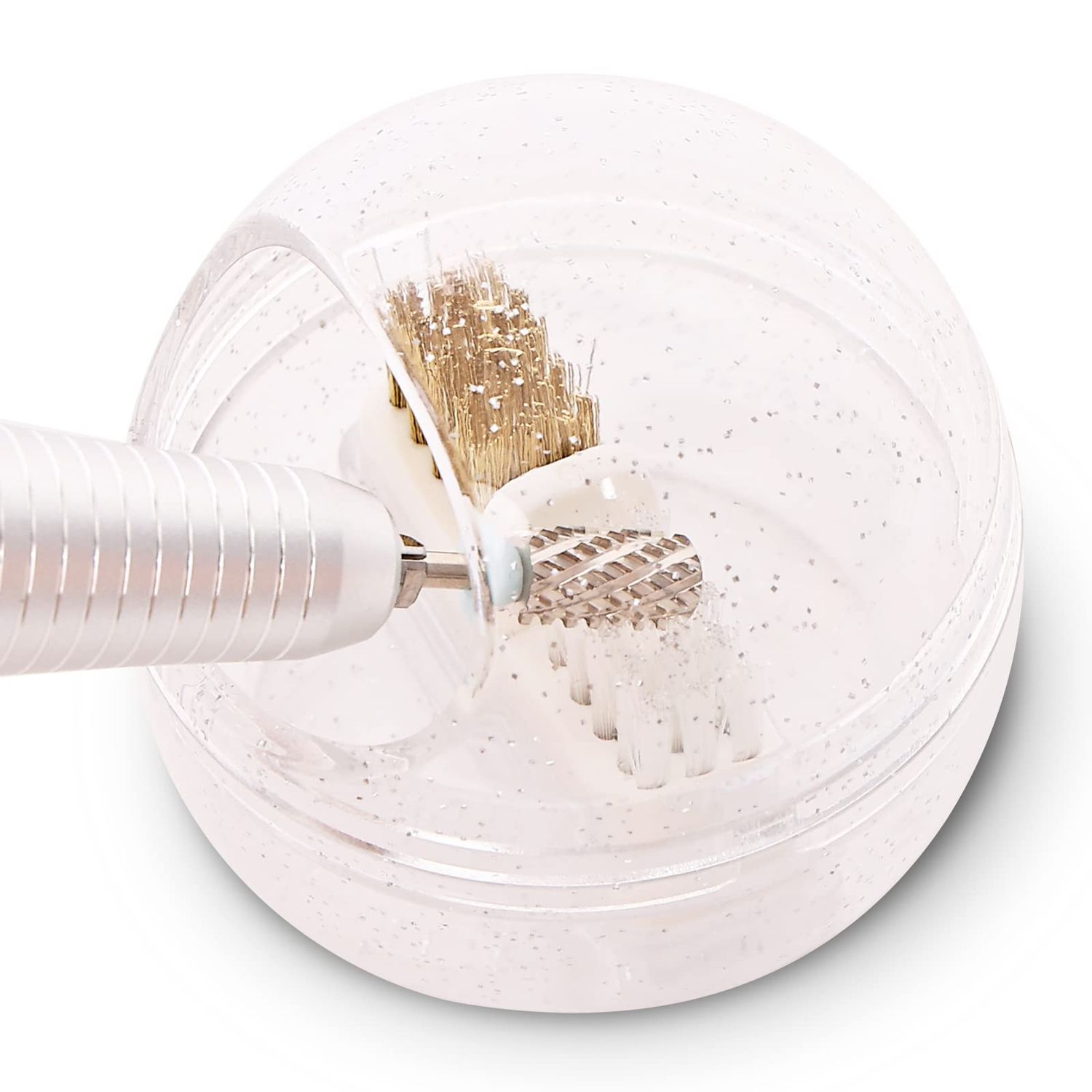 MelodySusie Nail Drill Bits Cleaner Brush Case Accessories with Clear Cover for Cleaning Tungsten Carbide Ceramic Nail Drill Bits Cuticle, Steel Wire &amp; Nylon Double Brush - White