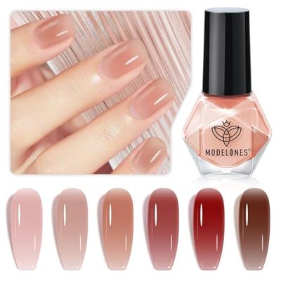 modelones Jelly Nail Polish of 6 Colors Sheer Nude Mini Nail Polish Set Natural Jelly Red Pink Brown Colors Quick Dry Nail Polish Kit for DIY Easter Nail Art Salon Home Gift for Women Girl