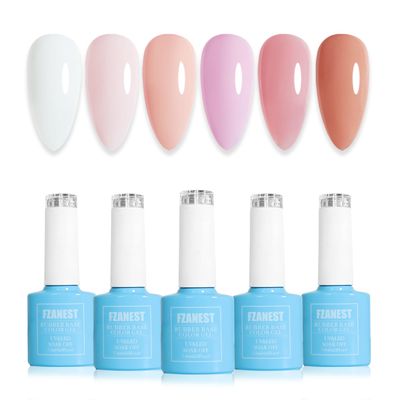 FZANEST Hema Free Rubber Base Builder Gel Set, 6 Colors Nude Gel Polish Sheer Pink Milky White Natural Nail Polish French Tips Base Colors Nails Thickening Extension Soak Off Gift for Womens