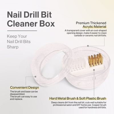 MelodySusie Nail Drill Bits Cleaner Brush Case Accessories with Clear Cover for Cleaning Tungsten Carbide Ceramic Nail Drill Bits Cuticle, Steel Wire &amp; Nylon Double Brush - White