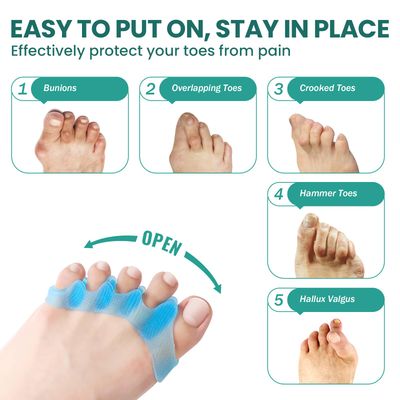 Welnove Toe Separators Spacers for Women - 4 Pack Gel Toe Straightener to Correct Bunions and Relieve Foot Pain - Silicone Toe Spacers for Toe Overlapping Yoga Practice, Non-Slip Design, Blue