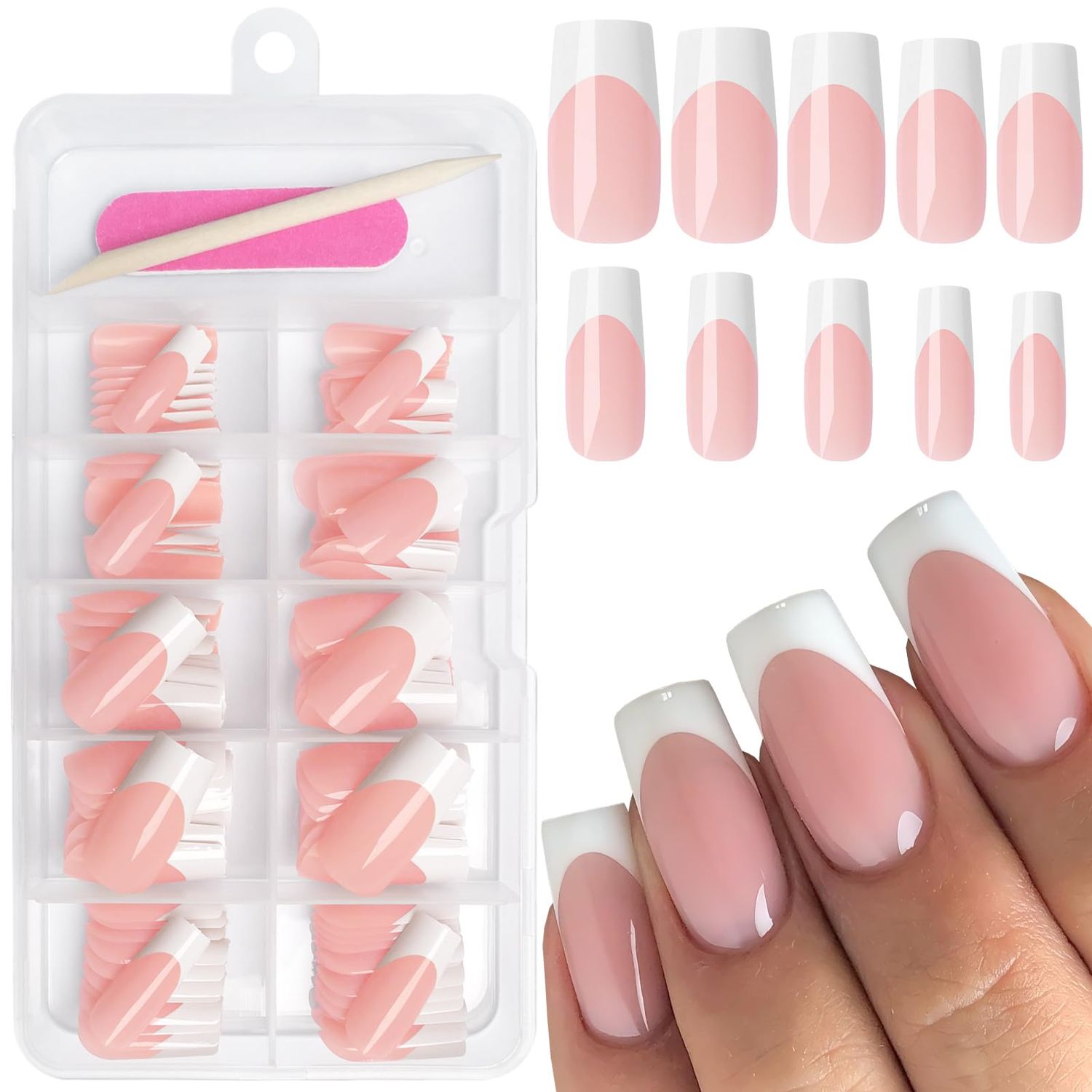 AddFavor 120pcs White French Tip Press on Nails Medium Square Fake Nails Nude False French Tip Nails Press ons Nail Acrylic Artificial Stick Nail with Adhesive Tab for Women Girls
