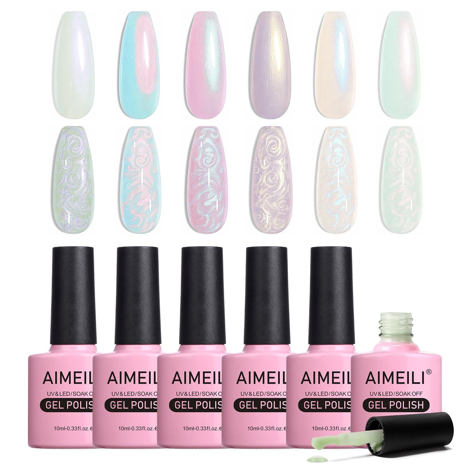 AIMEILI Hema Free Pearl Gel Nail Polish, Shimmer Mermaid Nail Gel Soak Off U V Gel Polish Set Of 6pcs X 10ml - Kit Set 42