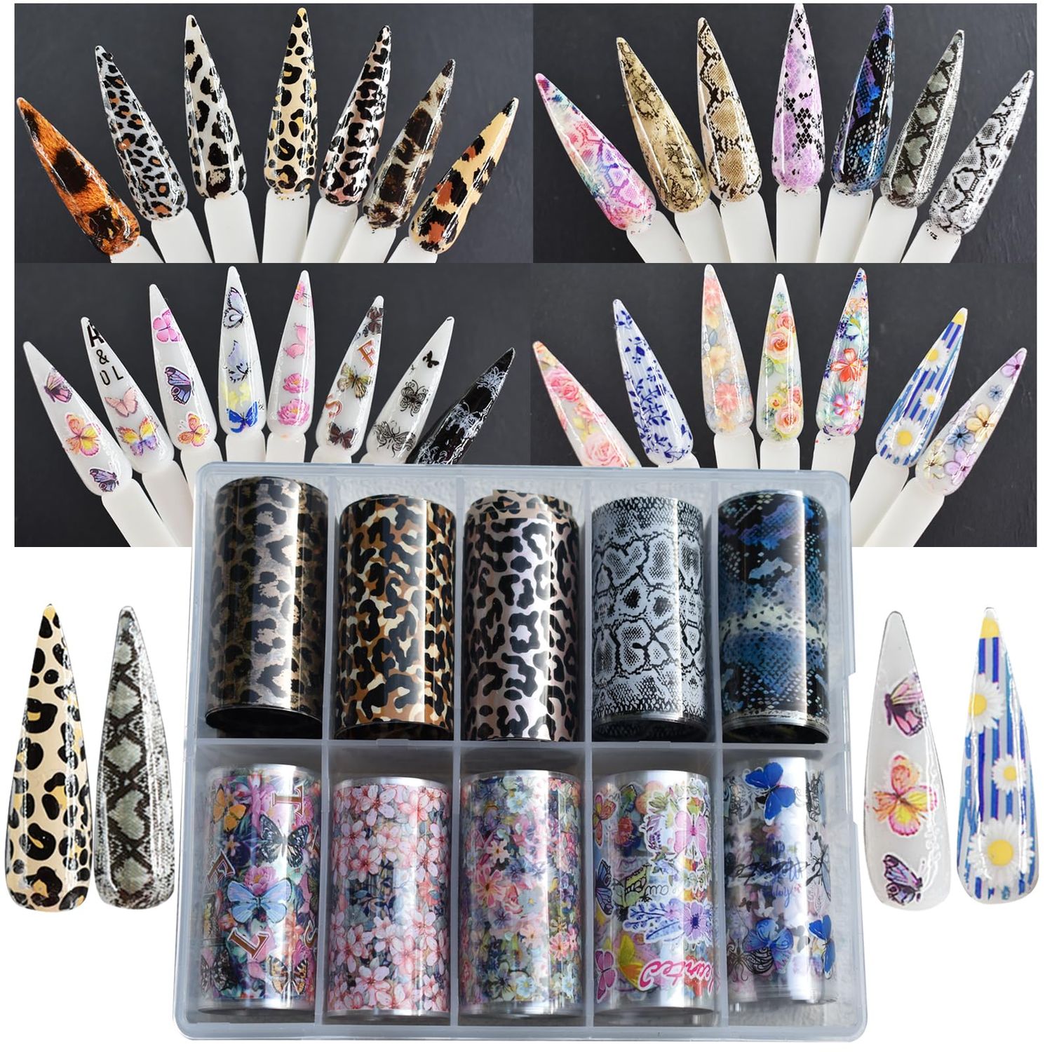Nail Art Transfer Foils Collection,40 Rolls Nail Art Foils Transfer Stickers Set Floral Flower Patterns,Leopard Animal Print,Snake Skin,Butterfly Patterns Nails Foil Adhesive Decals 40 Designs
