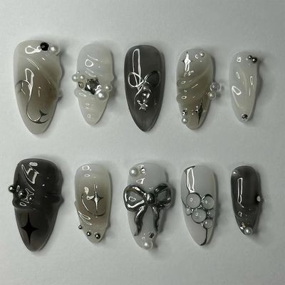 ROFIBUT Black Press on Nails Medium Almond Fake Nails with 3D Bow Pearl Designs Glossy Black Gradient False Nails Y2K Silver Star Water Drops Full Cover Acrylic Nails Stick on Nails for Women 24Pcs