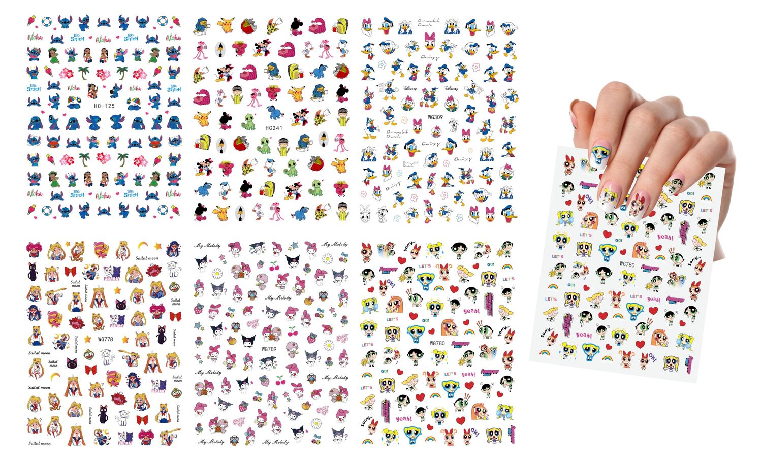 Dong Wei Tiao 6 Sheets Multicolor Cartoon Nail Art Stickers Decal for Nail Art, Nail Design, Reusable, Waterproof