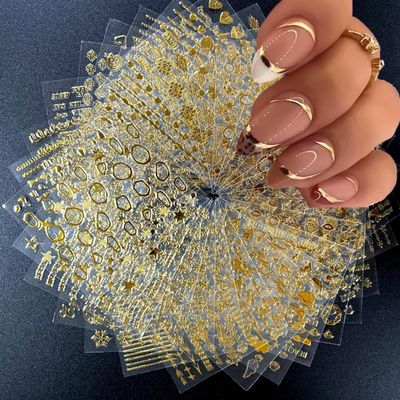 30 Sheets Gold Nail Art Stickers 3D Self-Adhesive Nail Decals Gold Line Star Moon Nail Stickers for Acrylic Nails Gold Stamp English Letter Nail Stickers Gold Leaf French Tip Nail Supplies for Women