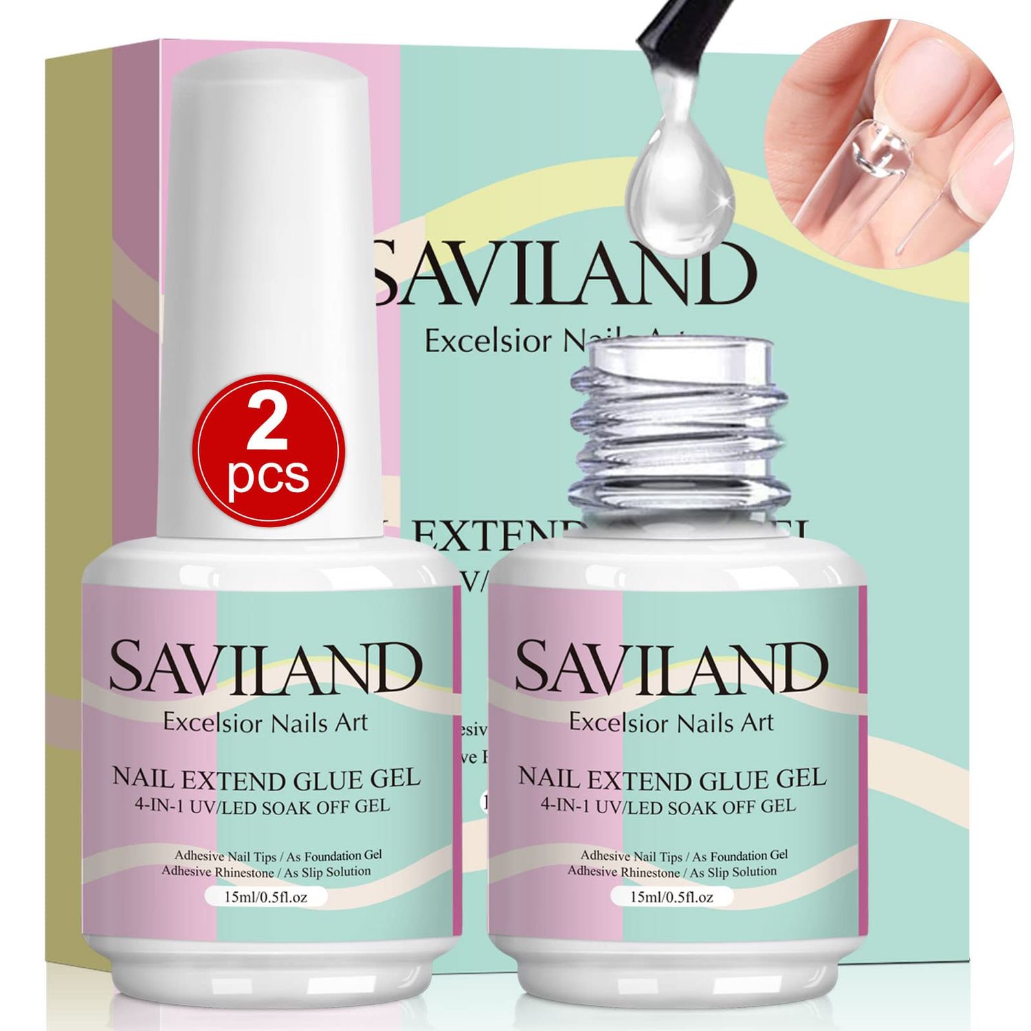 SAVILAND 4-in-1 Gel Nail Glue: 2 PCS 15 ML Glue Gel for Acrylic Nails,Super Strong Brush On Glues for False Tips,U V &amp; LED Lamp Required