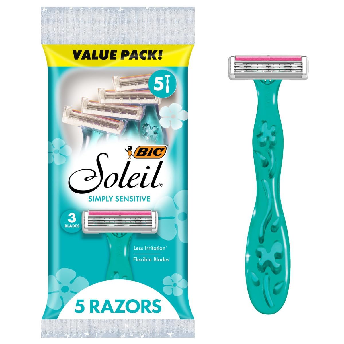 BIC Soleil Simply Sensitive Womens Disposable with 5 Blade Razors, Smooth Shave with Moisture Strip, 5-Pack