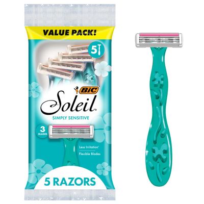 BIC Soleil Simply Sensitive Womens Disposable with 5 Blade Razors, Smooth Shave with Moisture Strip, 5-Pack