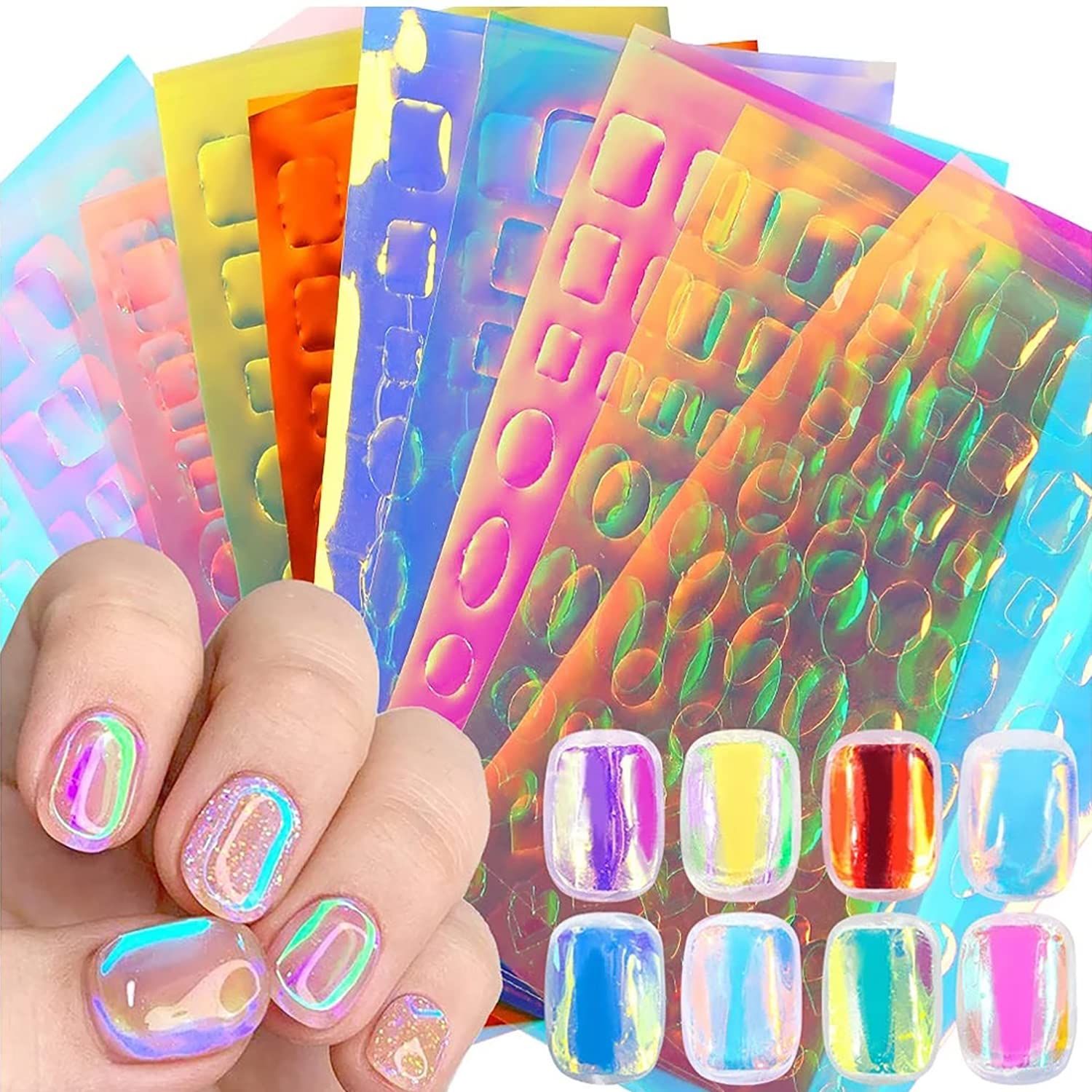 SILPECWEE Aurora Nail Foil Laser Stickers Glass Paper Art Iridescent Cellophane Designs Holographic Film 3D Decoration for Women Kids (11 Sheets)
