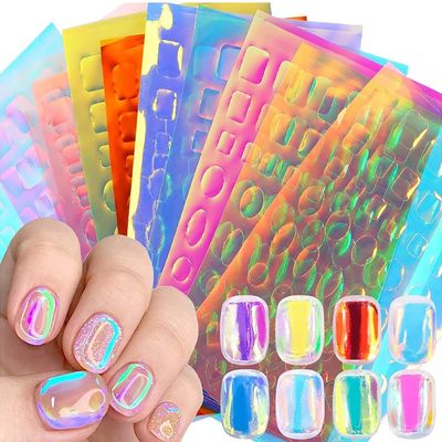 SILPECWEE Aurora Nail Foil Laser Stickers Glass Paper Art Iridescent Cellophane Designs Holographic Film 3D Decoration for Women Kids (11 Sheets)