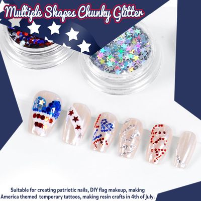 Allstarry Nail Glitter 4Pcs Holographic Americas Patriotic Nail Art Glitter Sparkly Red Blue Chunky Flakes Veterans Day Body Sequin 4th of July Decoration for Olympics Party Manicure Independence Day