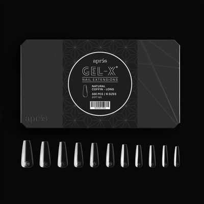 Aprs Gel-X Natural Coffin Long Tip Box | 500pc Gel-X Tips, 11 Sizes 00-9, Premium Quality