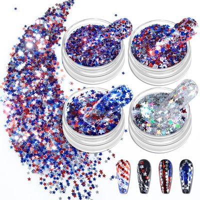 Allstarry Nail Glitter 4Pcs Holographic Americas Patriotic Nail Art Glitter Sparkly Red Blue Chunky Flakes Veterans Day Body Sequin 4th of July Decoration for Olympics Party Manicure Independence Day