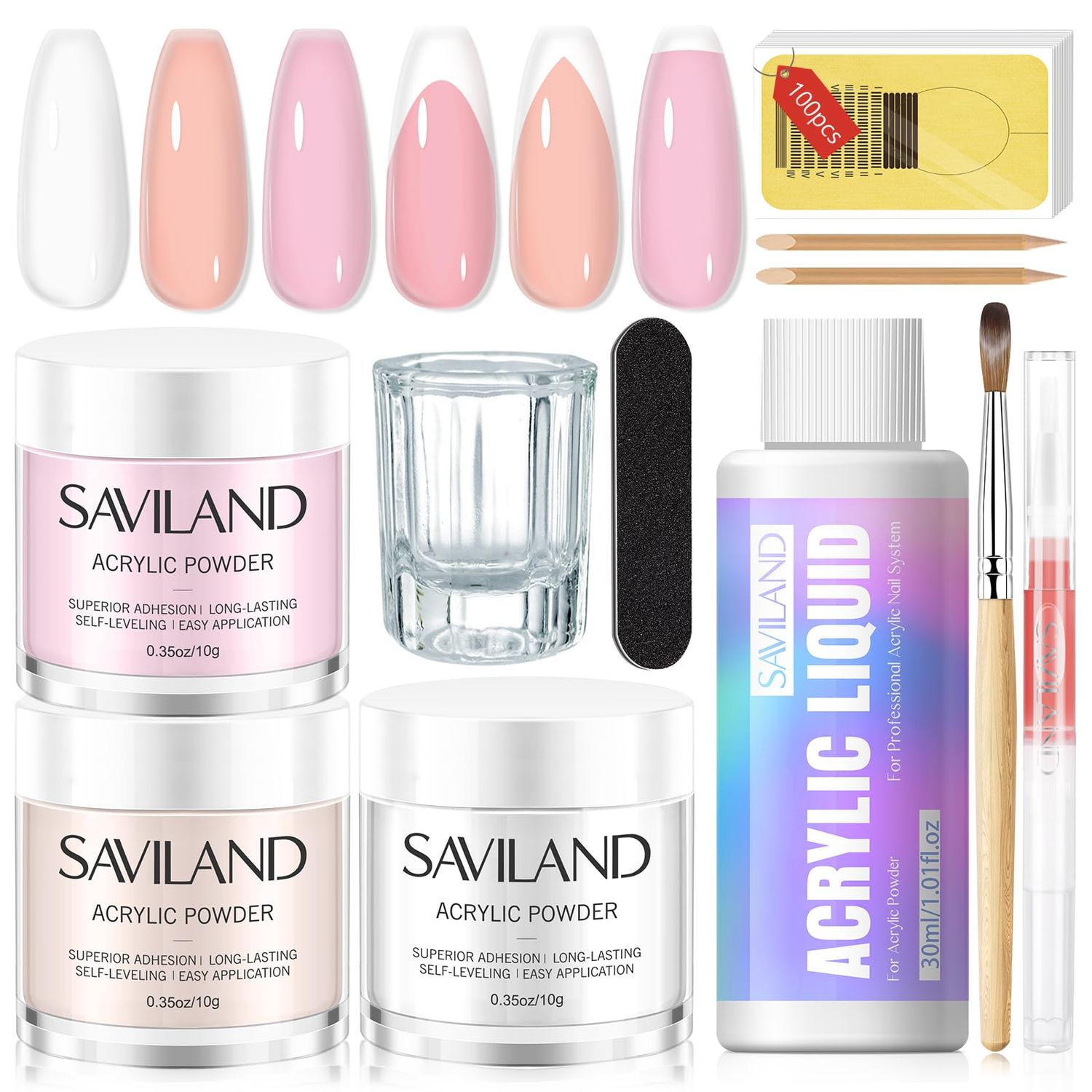 SAVILAND Essentials Acrylic Nail Kit for Beginners: Clear Nudes Pink Acrylic Powder and Liquid Set with 12 Acrylic Nail Brush Cuticle Oil Pen Forms Tools Extension Nail Kit with Everything Home DIY